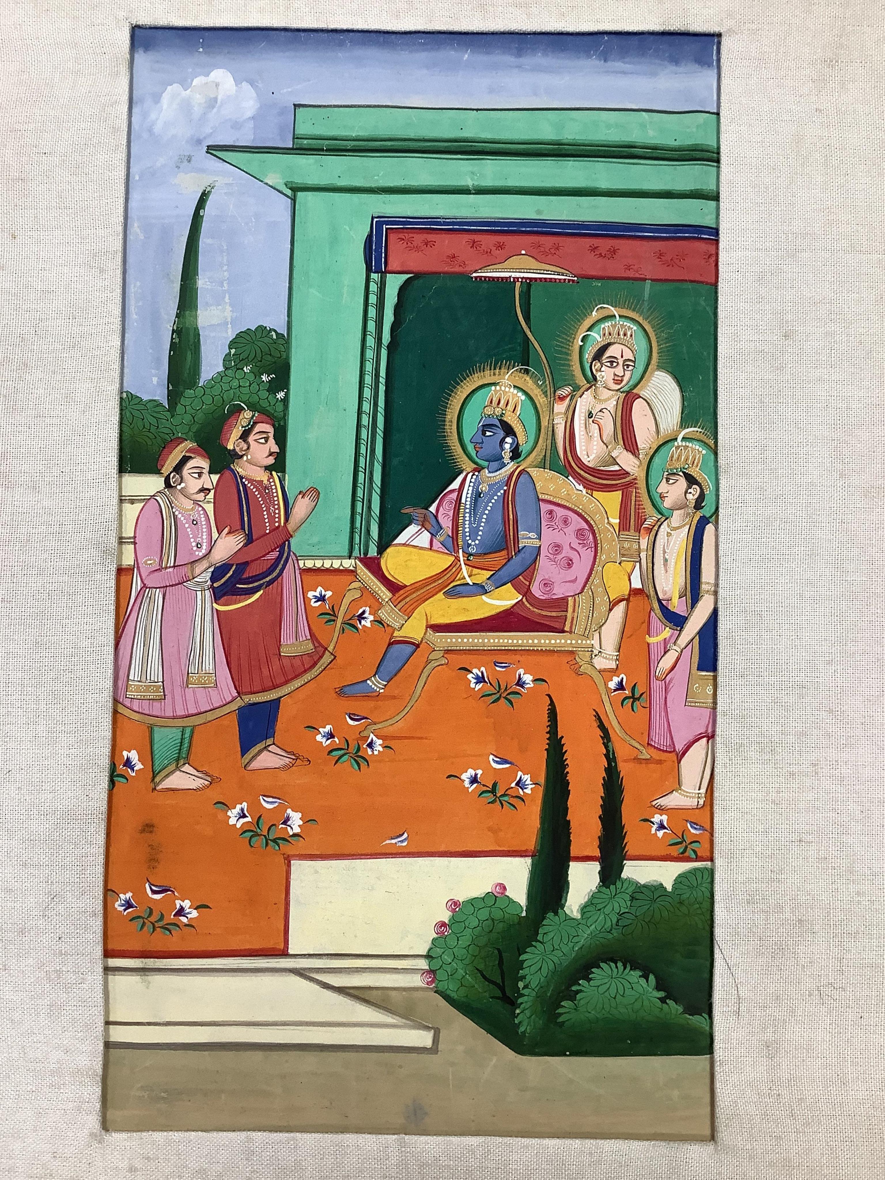 Indian mughal style, Figural studies, portraits and horse racing scene, mounted, seven watercolours, unframed, largest 25 x 13cm